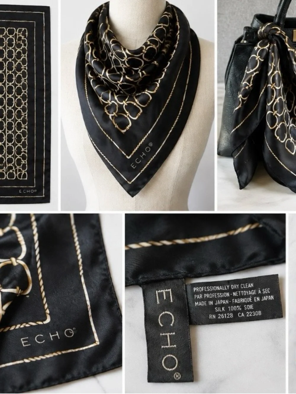 Vintage ECHO 100% Silk Black and Gold Chain Print Made In Japan 20x20